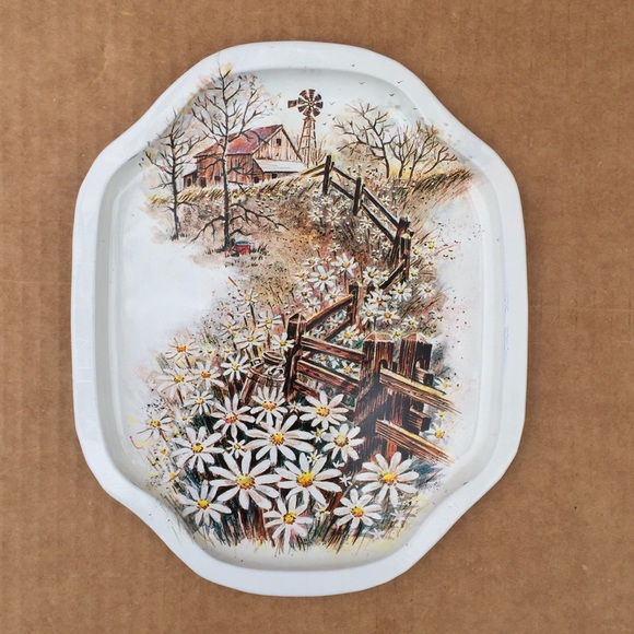 Vintage tin trinket tray farm scene landscape